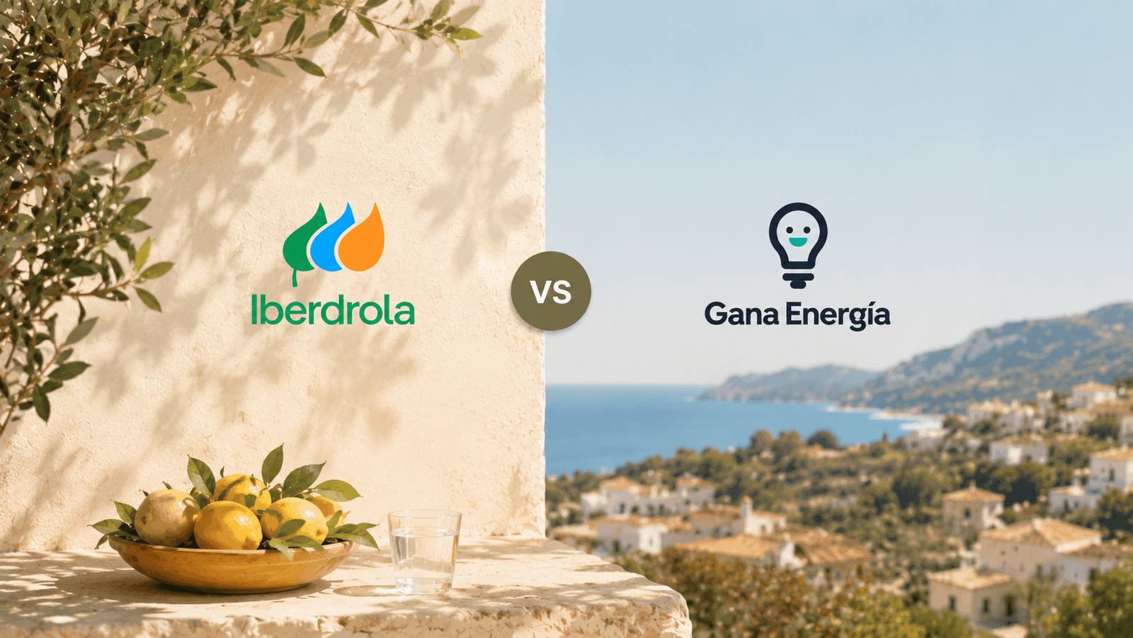 Sunny Spanish terrace overlooking the coast, with the Iberdrola and Gana Energía logos side by side.