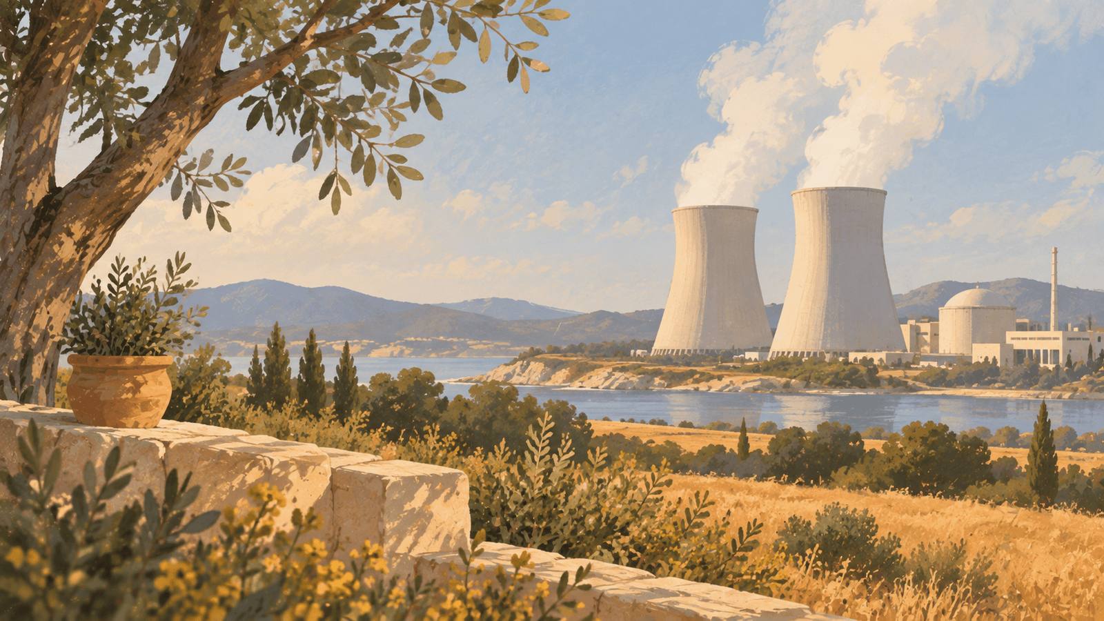 Illustration of a Spanish nuclear power plant beside a reservoir, seen from a stone terrace with an olive tree.